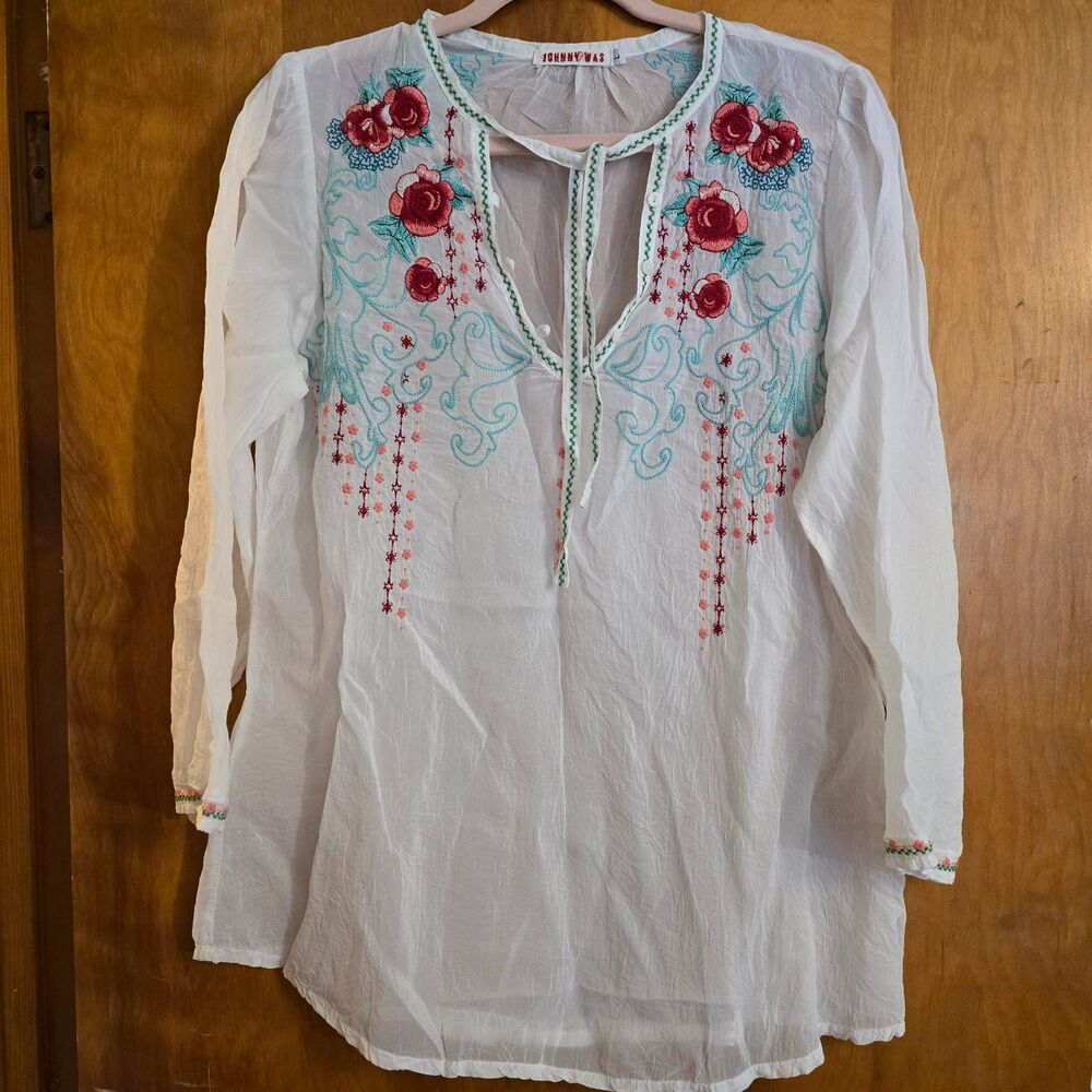 Johnny Was Floral Rose Embroidered Georgette Long Sleeve Top Sz Large